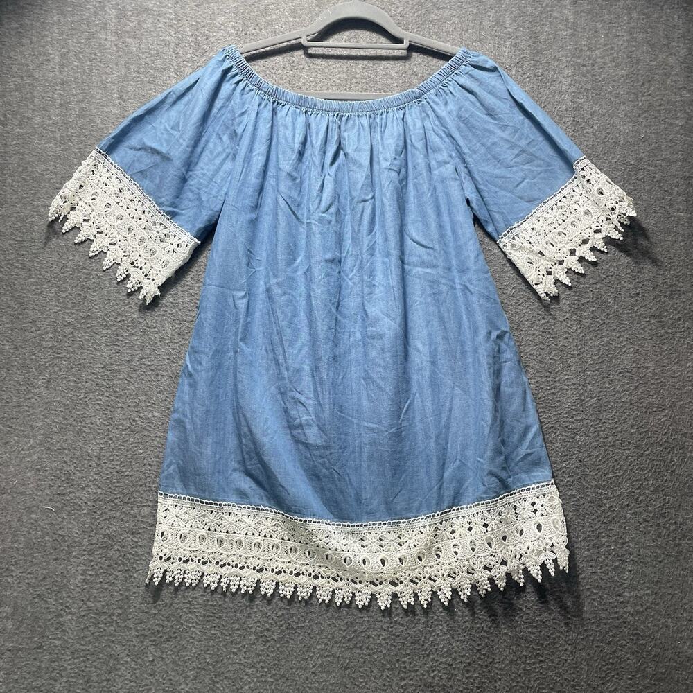 LOVE by CHESLEY Women's Large Lagenlook Denim Lace Cottagecore Tunic Top